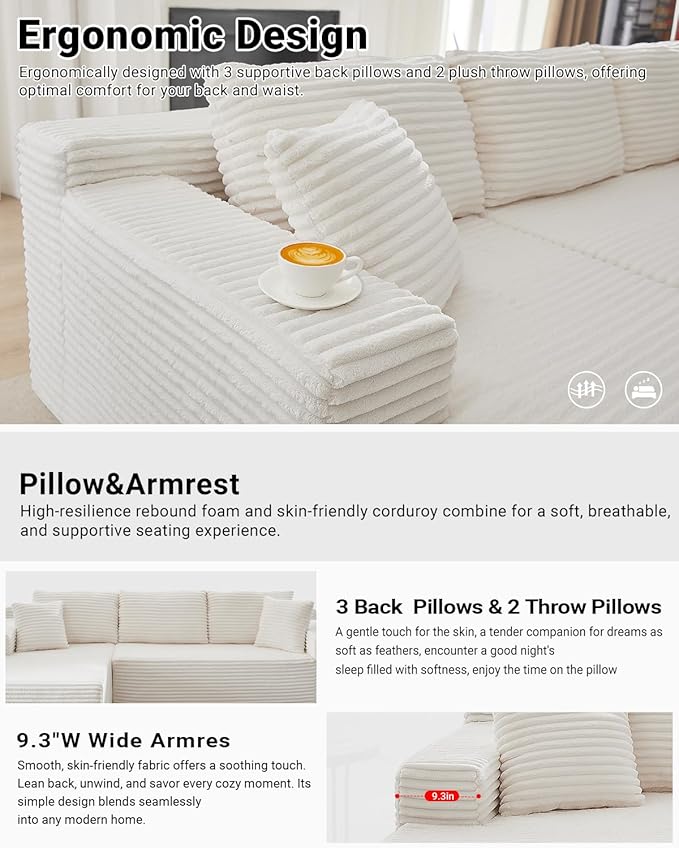 105 Inch Modular Sectional SofaModern Cloud Sectional Couch with Deep SeatCorduroy Boneless Couches with L-Shape Chaise for Living Room BedroomNo Assembly Required (White Left Facing Chaise)
