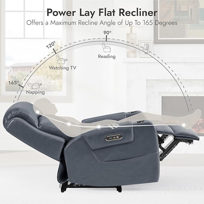 Watson &amp Whitely Genuine Leather Power Recliner Chairs for Adults Lay Flat Recliner with Power Headrest USB Ports and Cup Holders Electric Reclining Sofa for Living Room Bedroom Navy