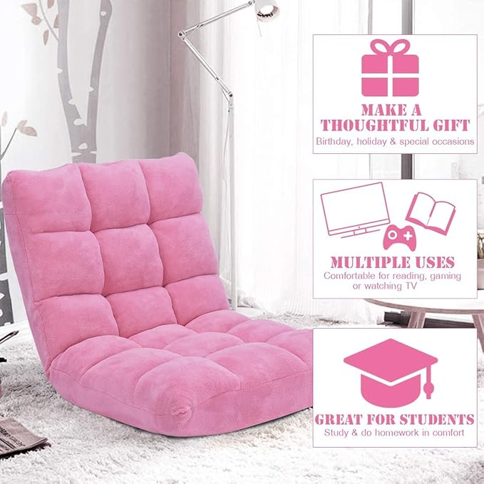 FANTASK 14-Position Sofa Folding Memory Foam Floor Chair w/Comfy Cushions &amp Study Steel Frame Angle Adjustable Floor Couch Sofa for Reading Game Meditating (Pink)