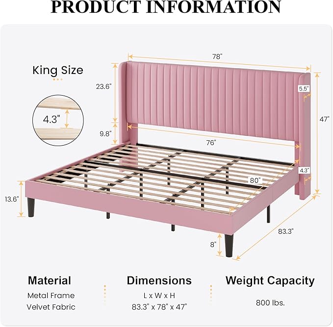 SHA CERLIN King Size Velvet Bed Frame with Vertical Channel Tufted Wingback Headboard Upholstered Platform Bed with Wood Slats No Box Spring Needed Easy Assembly Pink