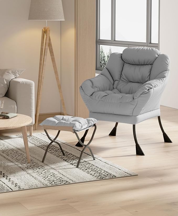 Living Room Chair with Ottoman Modern Lounge Accent Chair with Armrests and a Side Pocket Leisure Upholstered Sofa Lazy Chair Reading Chair with Footrest for Small Space (Gray)