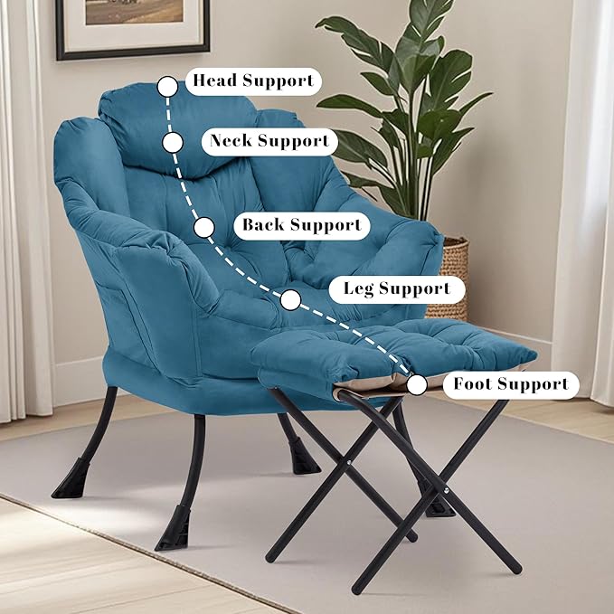 Lazy Chair with Ottoman Comfy Accent Lounge Chair with Side Pocket Modern Reading Armchair with Footrest Upholstered Sofa Chair for Small Spaces Bedroom Living Room Dorm Blue