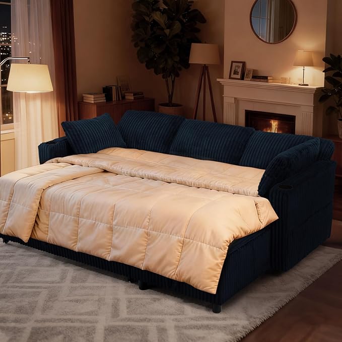 84 Corduroy Pull Out Sofa Bed w/Adjustable Backrests Sectional L-Shape Sleeper Sofa w/Storage Chaise Convertible Couch Bed w/USB Charging Port &amp Cup Holders for Living Room House Blue
