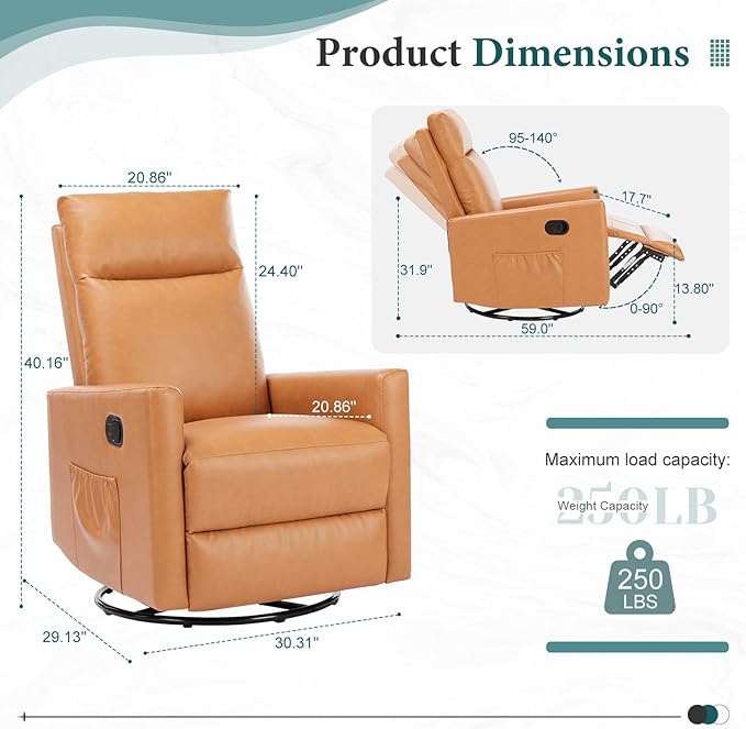 Swivel Recliner Chair Rocker Glider Chair for Living Room Office Faux Leather Recliner Chair Nursery Glider with Large Footrest Upholstered Deep Seat Single Sofa Chair High Back Brown