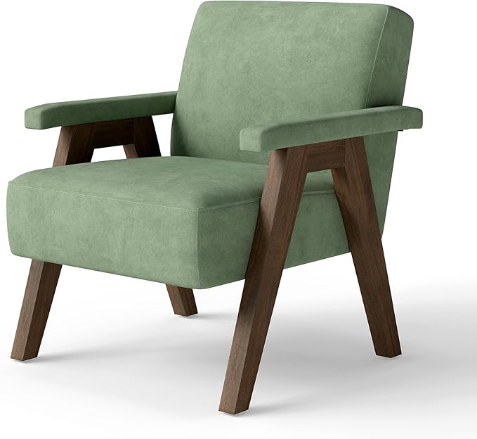 Mid-Century Accent Chair Linen Fabric Upholstered Lounge Armchair with Solid Wood Frame Modern Reading Chair for Living Room Bedroom ApartmentSage Green