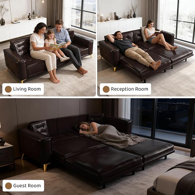 92 King Pull Out Sofa Bed PU Leather Convertible Sleeper Couch with Tufted Design Oversized 4-Seater Modern Mid Century Sectional Couch for Living Room Small Spaces Dark Brown