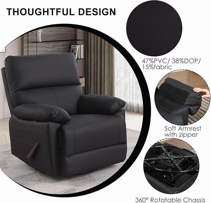 Manual Recliner Chair with Lever Handle 360° Swivel Elderly Rocker Recliner Chairs Single Seat upholstered Recliner Sofa Chair for Living Room Apartment (Black)