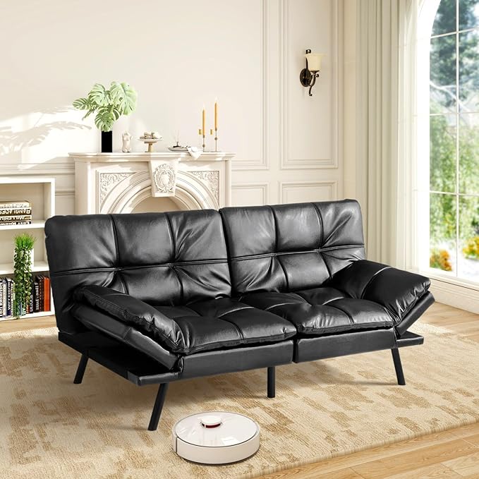 MUUEGM Black Futon Sofa Bed Leather Memory Foam Modern Office Couch Sleeper Bed Convertible Love seat Sofa for Small SpacesApartmentOffice with Adjustable Armrest Backrest
