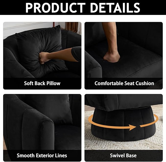 Karl home Swivel Accent Chair Set of 2 Comfy 360° Swivel Barrel Chair Modern Velvet Fabric Living Room Chair with Fluffy CushionsUpholstered Armchair for Living Room/Bedroom/Lounge Black