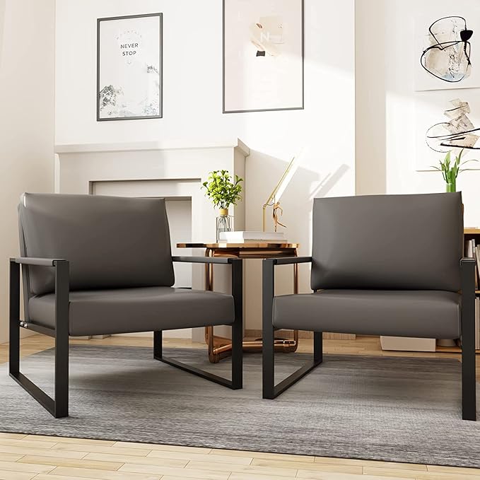 Recaceik Leather Accent Chairs Set of 2 Modern Armchair with Extra-Large Ergonomic Cushion Sturdy Metal Frame Anti-Scratch Foot Mats Single Sofa Chair for Living Room