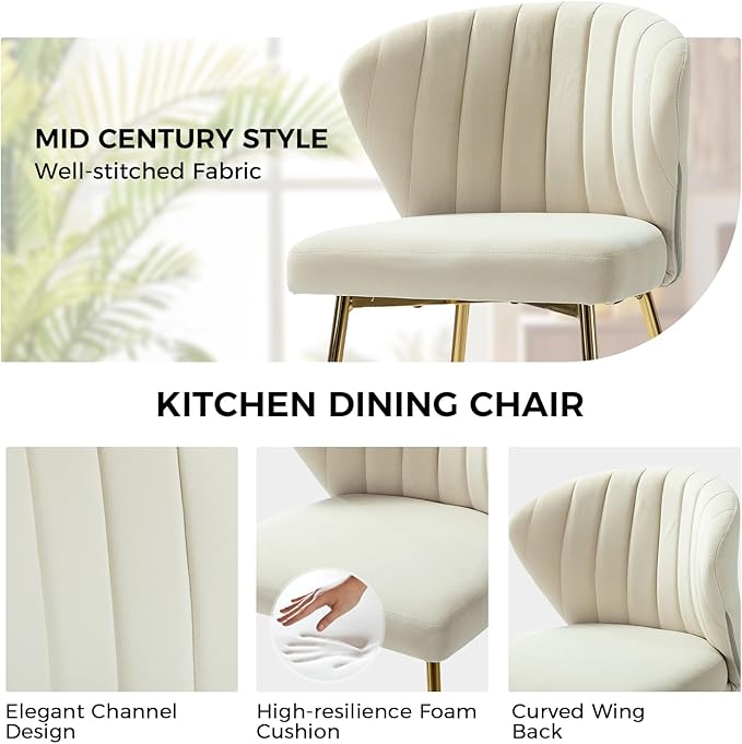 HULALA HOME Dining Chairs Set of 2 Velvet Upholstered Kitchen &amp Dining Room Chairs with Metal Legs Vanity Chair Armless Side Chairs for Living Room Bedroom Restaurant Channel Curved Backrest Tan