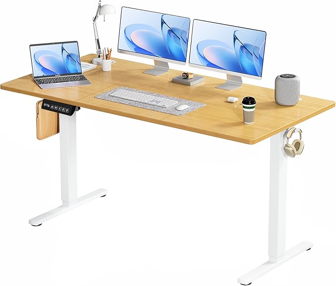 Electric Standing Desk Adjustable Height 63 x 24 Inch Sit and Stand Desk with 2 Hooks and Wire HolesHome Office Desk Ergonomic Workstation Computer DeskYellow