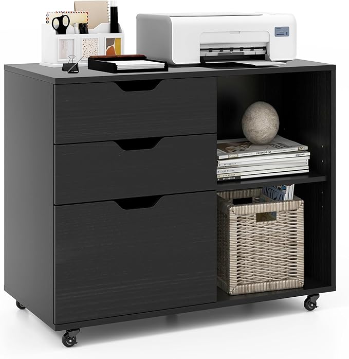3 Drawer File Cabinet Wood Lateral Filing Cabinet for Hanging Letter A4 Legal Size Rolling Printer Stand with Adjustable Shelf Under Desk Storage for Home Office (Black)