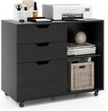 3 Drawer File Cabinet Wood Lateral Filing Cabinet for Hanging Letter A4 Legal Size Rolling Printer Stand with Adjustable Shelf Under Desk Storage for Home Office (Black)