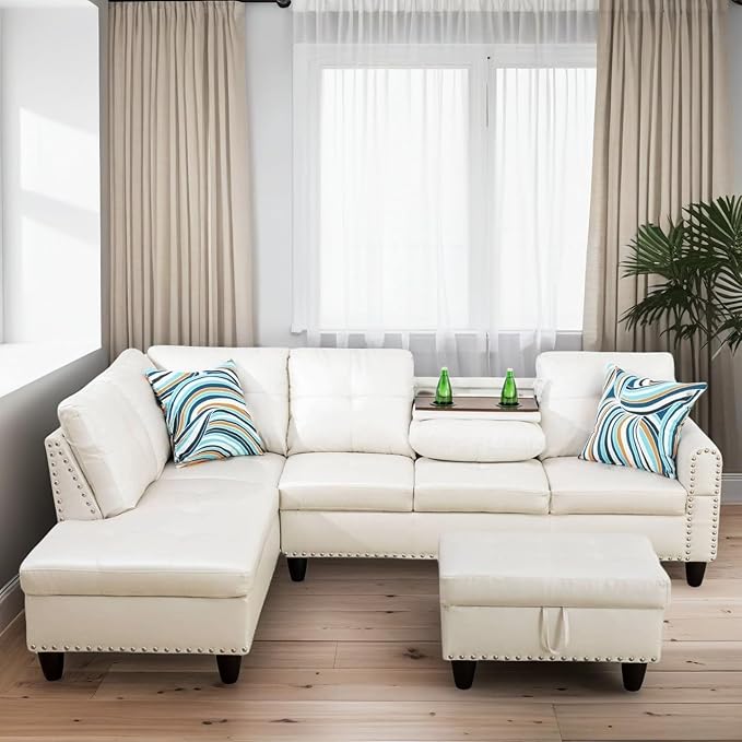 L Shaped Couches for Living Room Sectional Couch Living Room Furniture with Storage Ottoman Modular Sectional Sofa with Movable Chaise for Apartment Office White