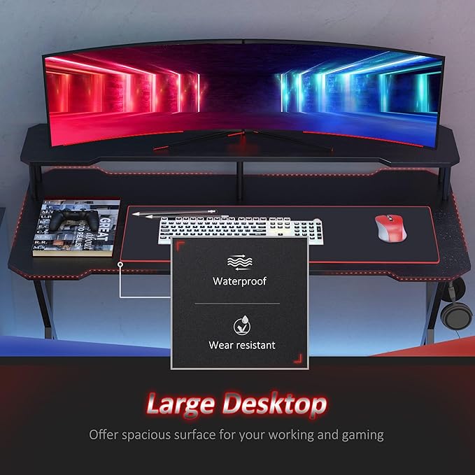 HOMCOM 55 inch Gaming Desk Racing Style Computer Office PC Gamer Workstation with Elevated Monitor Stand Headphone Hook Black
