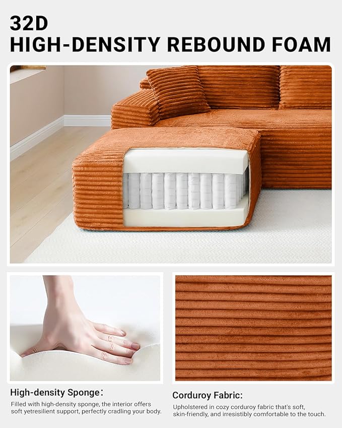 145 Oversized Cloud Boneless Sectional Sofa with Chaise Corduroy U Shaped Modular Couch with Deep Seat Fixed Frame Comfy Corner Sofa No Assembly Required (Orange)