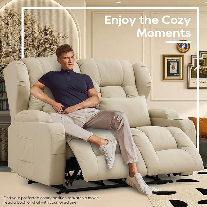 IPKIG 54 Loveseat Recliner Sofa - 2 Seater Reclining Sofa with Side Pockets Cup Holders Lumbar Pillows Manual Recliner (Beige 54 Loveseat)