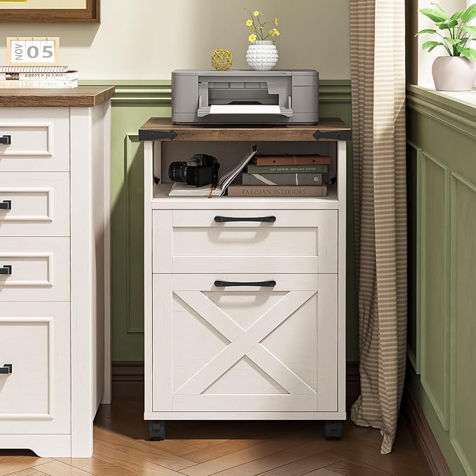 Farmhouse Filing Cabinet with Open Storage Space &amp Wheels Office Filing Vertical Cabinet with 2 Drawers Printer Stand for Hanging Files Letter/A4 Under Desk Storage Cabinets for Home Office. Wh