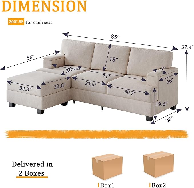 Sectional Couch Sofa with Armrest Organizer85 L Shaped Couch with OttomanVelvet Convertible Couches for Living Room3 Seats Sofas Set for BedroomHome FurnitureKhaki