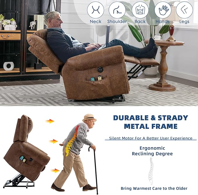 Power Lift Recliner Chair for Elderly with Massage and Heat Electric Recliner Chair with Rivet Decoration 2 Remote Controls Side Pockets &amp USB Ports for Home Office (Nut Brown)