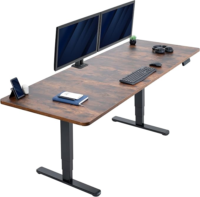 VIVO Electric 83 x 30 in Dual Motor Sit Stand Desk Memory Height Adjustment 2B Series Rustic Vintage Brown Top Black Frame DESK-KIT-2B8N