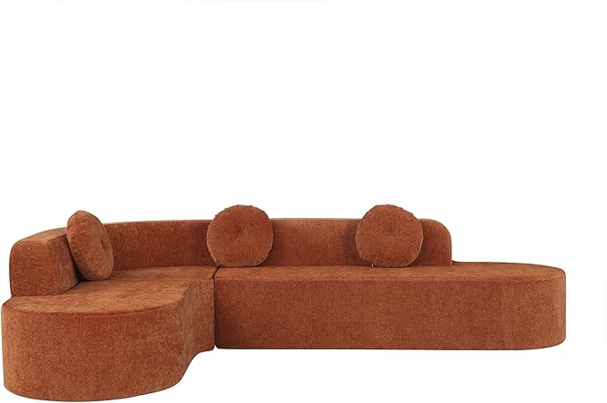 122'' Sectional Sofa Fully Compressed SpongeElegant Curved Design with Three Round Cushions Soft Fabric Upholstery High-Resilience Foam for Ultimate Comfort Orange