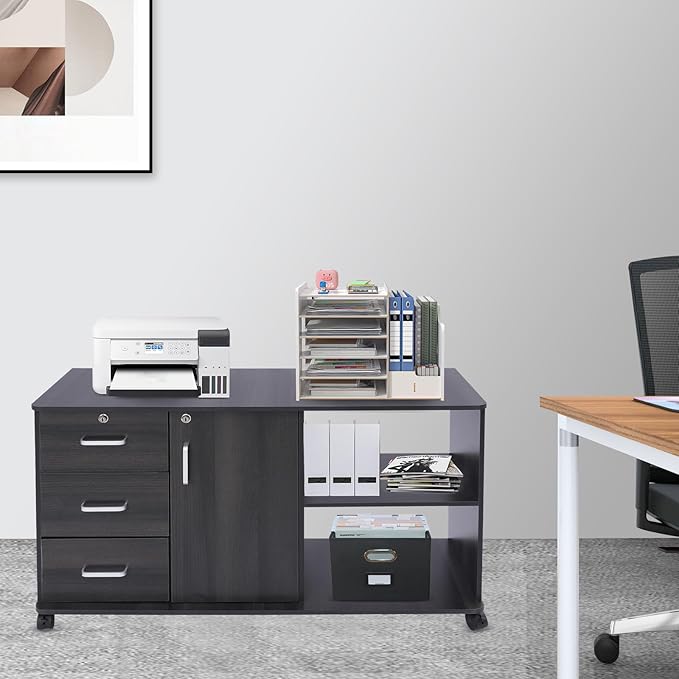 3 Drawer Mobile File Cabinet Wood Lateral Filing Cabinet Printer Stand with Open ShelvesLocking File Cabinets for Home Office