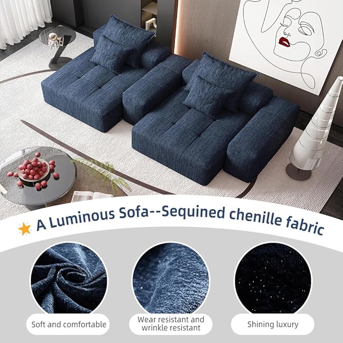 113'' Cloud Couch Modular Sectional Sofa Oversized Loveseat Compression Boneless Sofa with Deep Seat Chenille Sleeper Chaise Longue Minimalist Couches for Living Room Blue