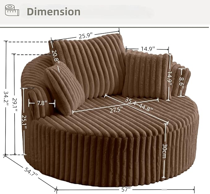 Oversized Upholstered Chaise Lounge Chair Indoor Corduroy Deep Seat Accent Chair Plush Boneless Barrel Sofa Chair for Living Room Bedroom Apartment (Brown 57 Inch)