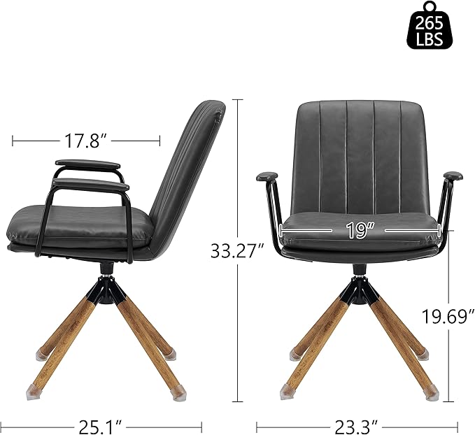 Art Leon Mid Century Modern Chair Oak Legs Swivel Accent Chair No Wheels Faux Leather Armchair for Small Spaces Home Office Living Room Bedroom Gray