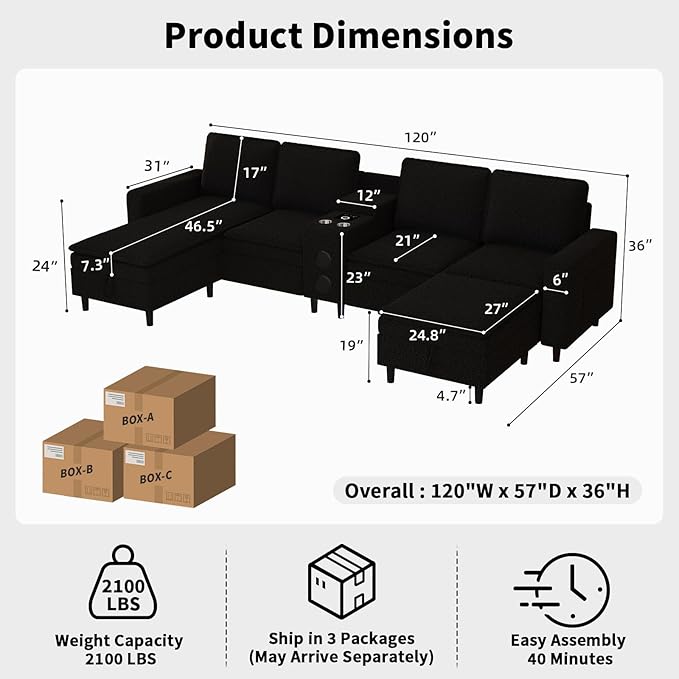 Sectional Couches for Living Room 6 Seat Sectional Sofa with Bluetooth Speaker/RGB Light/Charging Station Teddy Fleece U Shaped Couch with Storage Ottoman and Reversible Chaise Lounge - Black