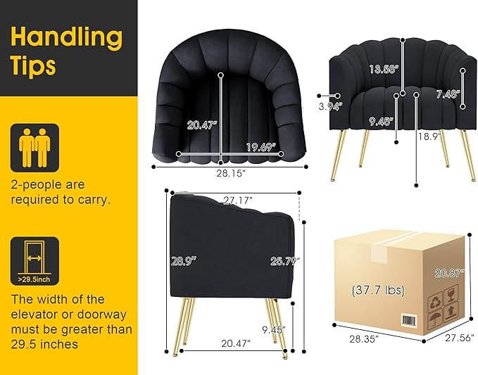 Oversized Pumpkin Couch Accent Chair Modern Comfy Velvet Upholstered Barrel Chairs Luxury Single Sofa Armchair for Living Room Waiting Room Office and Vanity (Black)
