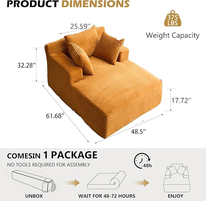 62 Chaise Lounge Chair Boneless Corduroy Sleep Sofa Bed with Three Soft Pillows Convertible Oversized Recliner Chair for Living Room Small Spaces Yellow