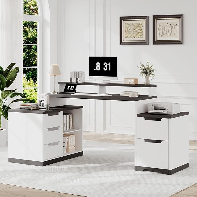 L Shaped Desk with File Drawers &amp Storage Cabinet 61 Inch Computer Desk with Power Outlets Office Desk with Monitor Stand Printer Shelf White and Black