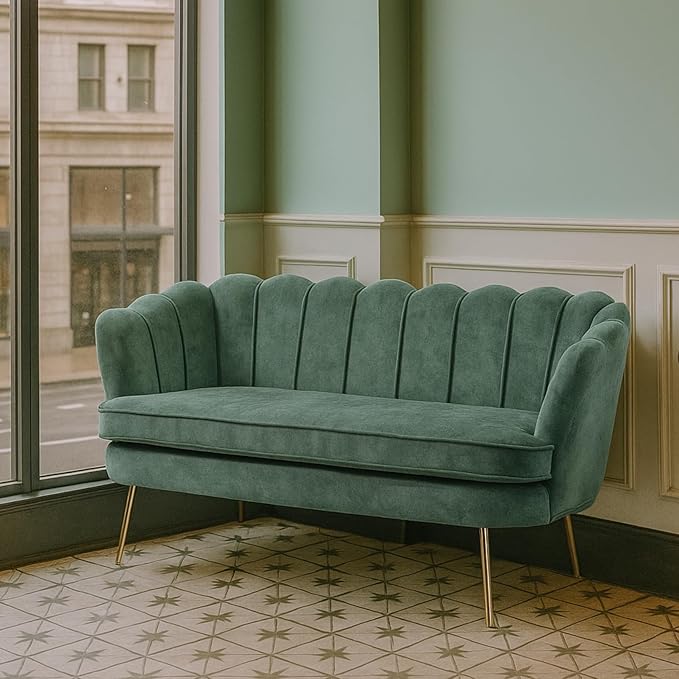 59'' Loveseat Sofa Modern Chenille 2-Seater Sofa with Golden Legs Comfy Upholstered Shell Accent Couch for Studio Living Room Store Office (Green).