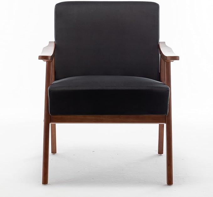 Mid-Century Modern Accent Chair with Wooden Frame High-Density Sponge Cushion 300 lbs Capacity Living Room Bedroom Office Chair 26x31.1x32.3 Inches (Leather Black)