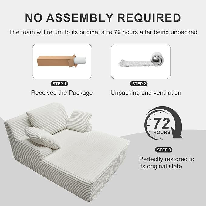 Oversized Chaise Lounge Chair Indoor Corduroy Upholstered Boneless Sofa Bed Deep Seat Sleeper Couch Reading Chairs Cloud Sofas for Living Room No Assembly Required (Beige Single Size)