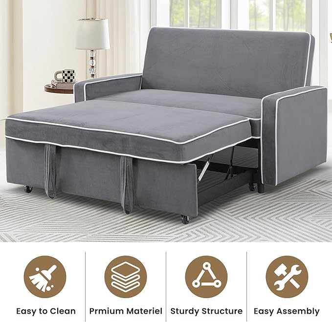 3-in-1 Convertible Sofa Sleeper Bed 2-Seat Loveseat Lounge with Adjustable Backrest Flannel Pull Out Fabric Couch Chaise Perfect for Home RV Apartment Office Living Room Grey