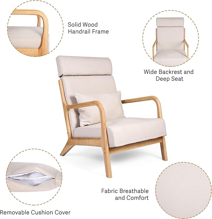 Mid Century Modern Living Room Chair Accent Chair with Extendable Headrest Single Sofa Chair Wood Frame Fabric Armchair Linen Reading Chair Upholstered Lounge Arm Chair (Beige)