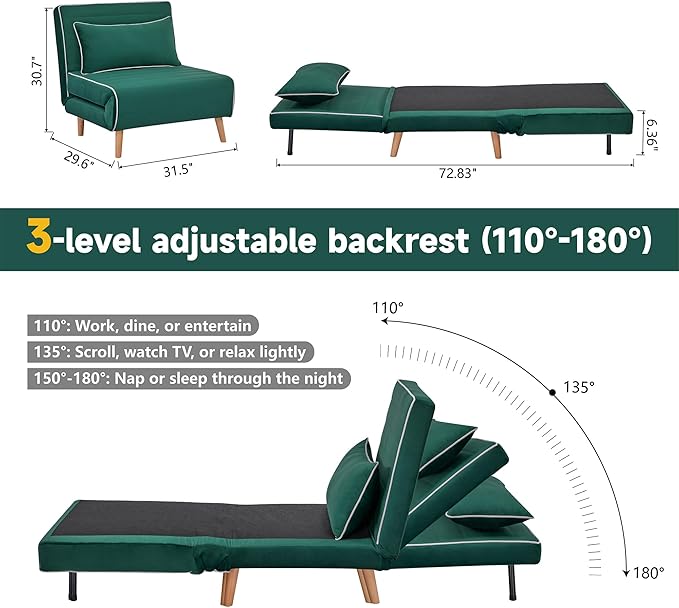32 Convertible Sleeper Chair 3-in-1 Folding Sleeper Chair with Pillow 3-Position Adjustable Backrest for Living Room Bedroom Office Green
