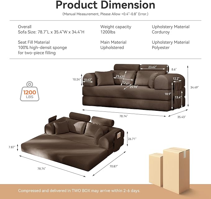 79'' Upgrade High Backrest Sofa Bed with Fixed Frame Removable Armrests &amp Backrest Corduroy Fabric Convertible Couch for Small Spaces No Assembly Needed (High Backrest Brown)