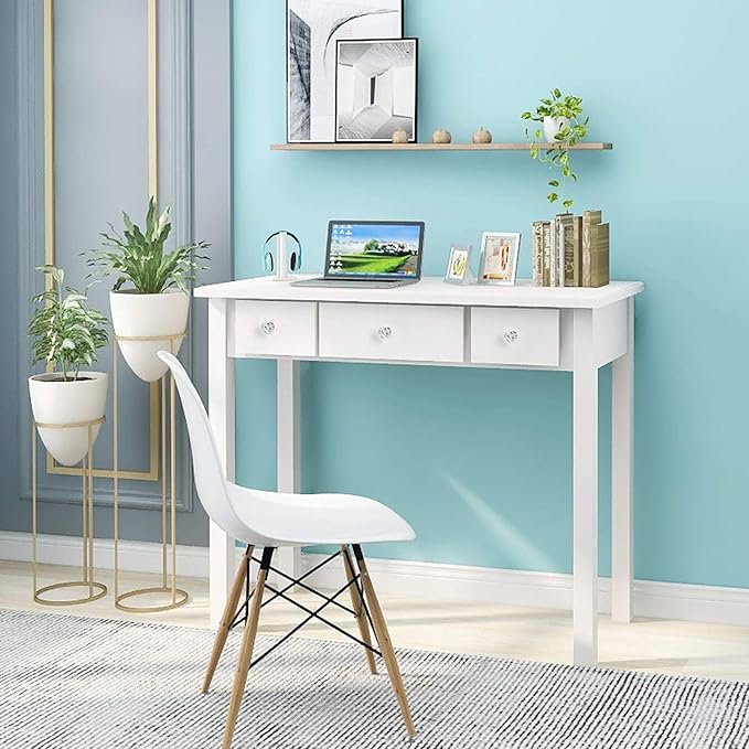 STHOUYN Home Office Small Writing Desk with Drawers Bedroom Study Table for Adults/Student Vanity Makeup Dressing Table Save Space Gifts White (White)
