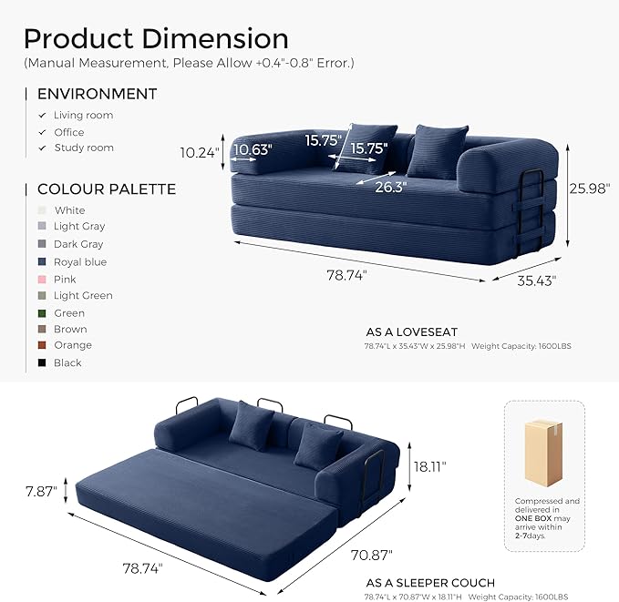 79 Convertible Sofa Bed with Fixed-Shape Frame &amp Removable Armrests Modular Corduroy Sleeper Sofa Folding Mattress Couch for Small Spaces - No Assembly Needed in Navy Blue (Includes 2 Pillows)