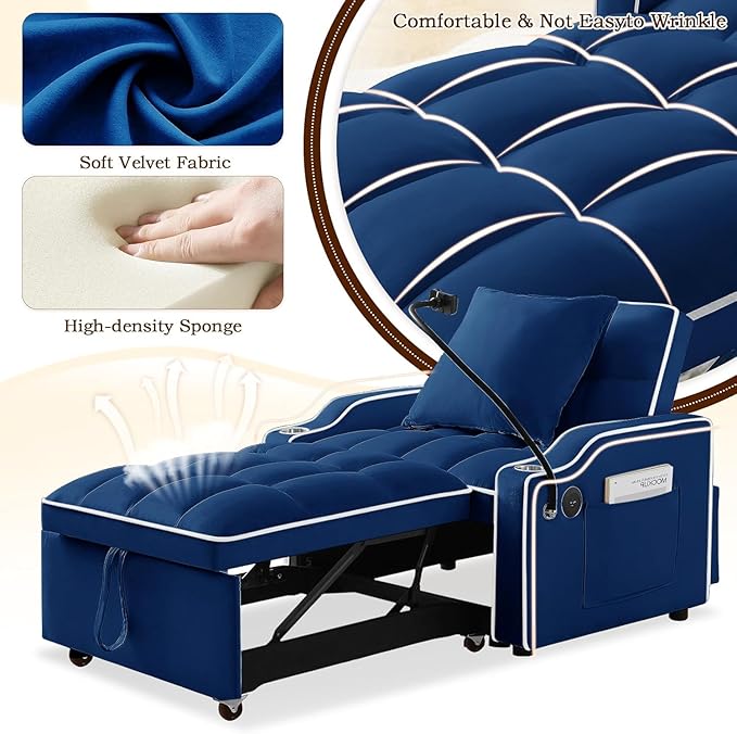 3-in-1 Convertible Sleeper Sofa Bed Chair with Cup Holders &amp Phone Holder Futon Chair Bed with Pull Out Couch Adjustable Backrest Modern Velvet Chaise Lounge Living Room Bedroom (Navy Blue 35.4