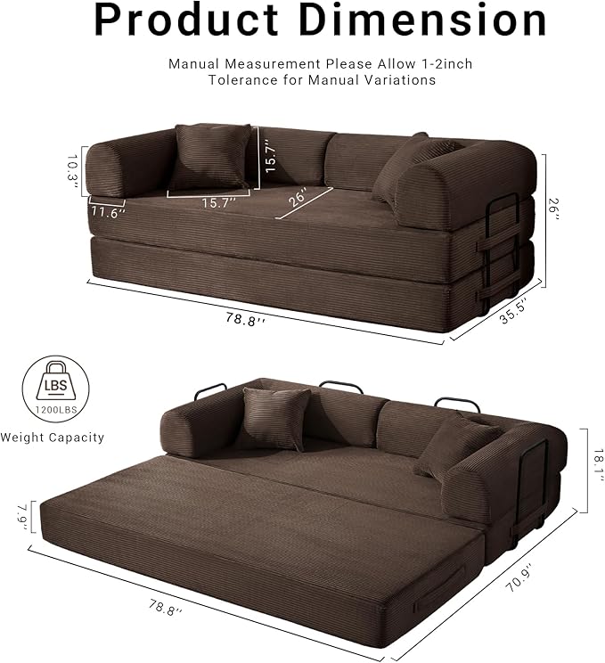 Compressed Sofa Convertible Sofa Bed Corduroy Compression Boneless Couch with Pillow Comfy Modular Foldable Floor Sleeper Sofa for Bedroom Living Room Lounge Studio (Brown)
