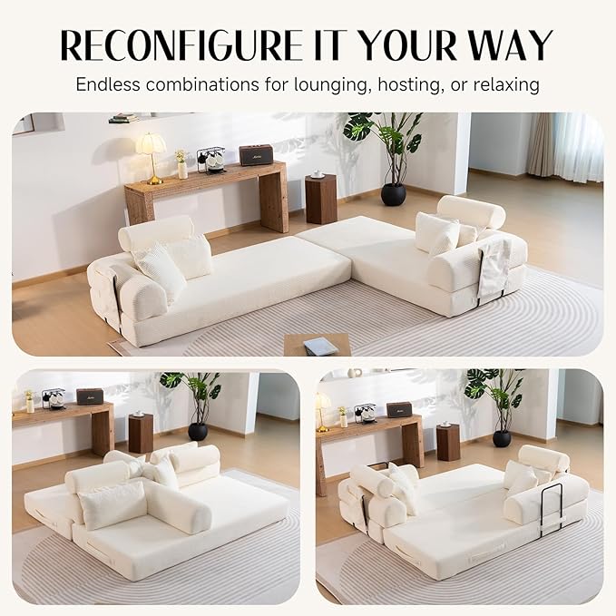 79 Corduroy Sofa Bed Sleeper Couch 6-in-1 Convertible Boneless Floor Futon Loveseat High-Density Foam Couch in a Box with 2 Headrest Pillows No Assembly Beige