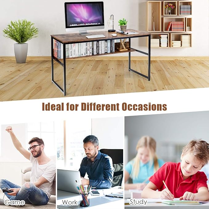 DORTALA 55 Industrial Computer Desk Contemporary Writing Table w/Storage Shelf Large Tabletop Sturdy Metal Structure Adjustable Foot Pads