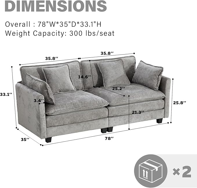 78 2-Seater Modular Sectional SofaChenille Deep Seat Couch for Apartment Living RoomLight Gray | Loveseat Deep Seat Medium Soft Removable Cushion Wooden Frame