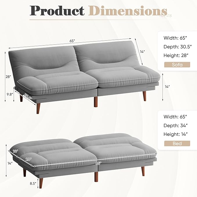 Homall Futon Sofa Bed Modern Loveseat Futon Couch with Adjustable Backrest and Armrests Sleeper Sofa Bed with Wood Frame for Living Room Office Apartment (Fabric French Grey)